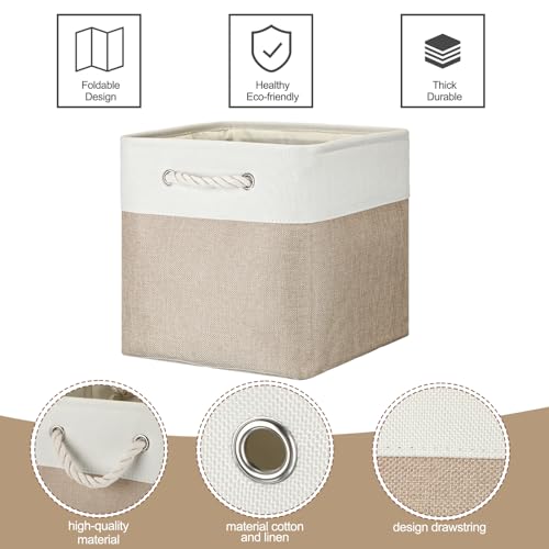meekoo 8 Pack Collapsible Storage Bins Fabric Storage Bins Polyester Fabric Baskets with Handles Linen Closet Organizer for Shelf Home Closet Towels Toys(12 x 12 x 12 in,Beige) - color: Beige, size: 12 x 12 x 12 In