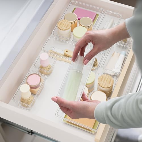 SpaceHacks 15 PCS Clear Plastic Drawer Organizer Set, 4-Size Acrylic Drawer Storage Trays, Storage Bins for Makeup, Gadgets, and Jewelry in Bathroom, Bedroom and Office, Clear - color: Clear