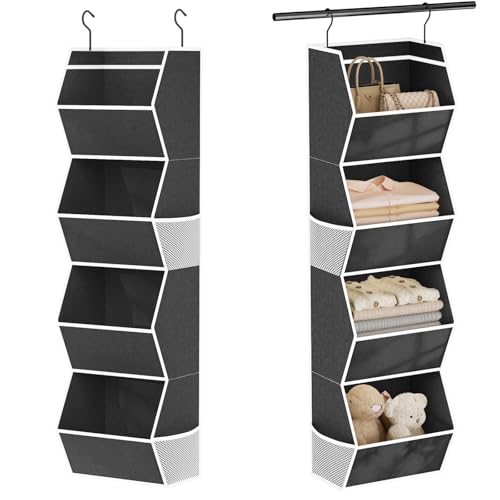 Hanging Closet Organizer 4 Shelf Collapsible Bedroom Closet Organizers and Storage Hanging with Mesh Pocket for Clothes, Closet Hanging Organizers and Storage for Fabric Wardrobe Space Saver, Black - color: Black-1 Pack, size: 4-shelf