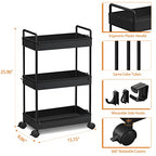 Ronlap 3 Tier Slim Rolling Storage Cart with Wheels Plastic Utility Cart Organizer for Snack Craft Art Postpartum Baby Diaper Nail Makeup in Bathroom Laundry Room Kitchen Bedside Narrow Space, Black - color: Black