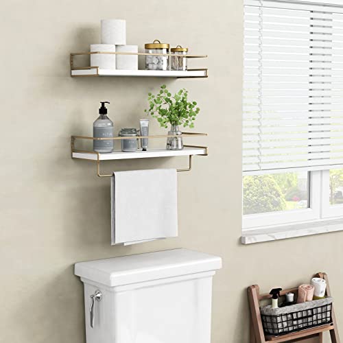 Forbena Floating Bathroom Shelves Wall Mounted, Aesthetic White and Gold Shelves for Bathroom Accessories, Modern Bathroom Organizer with Tower Bar for Wall Decor Storage Small Spaces, Set of 2 - color: 1. White-gold