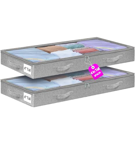 punemi 4 inches Under Bed Storage Containers, Low Profile Underbed Storage, NO STRUCTURE, Soft Foldable Underbed Cloth Storage Bags, Zipper Blanket Storage Container, 2Pack, Grey, 20x40x3.7in - color: Grey-soft-2pack, size: 4 inch