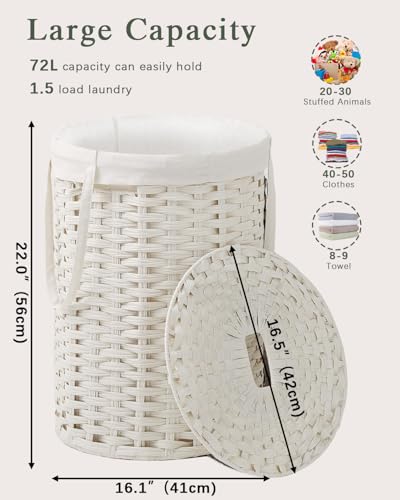 SETVSON Laundry Hamper with Lid Laundry Basket with Lid 19.0 Gal (72 L) Round Wicker Laundry Basket Handwoven Rattan Basket with Lid Removable Bag 2 Mesh Bags Handles for Living Room Bathroom White - color: White, size: 72L