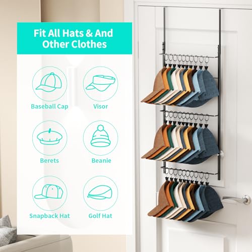 HapiRm Over Door Hat Rack - 3 Tier Wall Mounted Hat Organizer with 30 Movable Clips, Baseball Cap Organizer Storage Holds up to 30 Caps for Door, Bedroom, Closet - color: Clips Black, size: 3 Tier