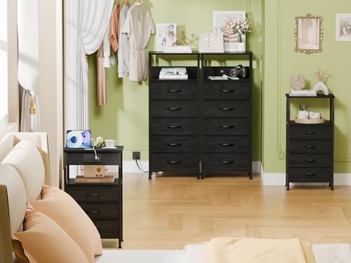 Furnulem 5 Drawers Dresser with Charging Station, Fabric Chest of Drawers with Open Shelf, Tall Night Stand, Bedside Table for Closet, Entryway, Bedroom Furniture, 3 Ways to Use, Black Oak - color: Black Oak, size: 5 Drawer