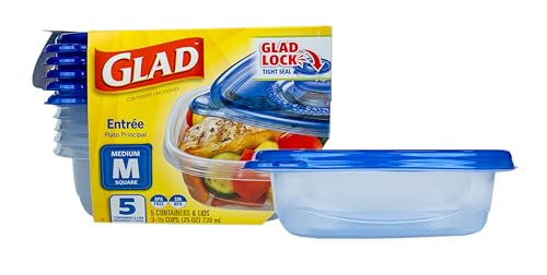 Glad GladWare Entree Food Storage Containers with Lids, Medium Square BPA Free Plastic for Meal Prep and Lunches, Lock Tight Seal, Microwave and Dishwasher Safe, 25 Oz, 5 Count - size: 25 oz - 5 Count, style: Square