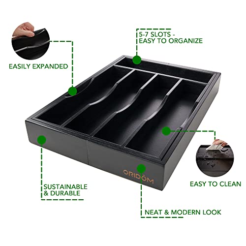 Expandable Bamboo Kitchen Drawer Organizer for Cutlery and Utensils, Adjustable Bamboo Wood Cutlery Tray in Drawer for Flatware and Silverware in Kitchen, (Black) - color: Black, size: 7 Slots Expandable