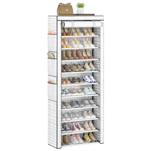 OYREL Shoes Rack 10 Tier Tall Shoe Rack with Storage Pockets, Fabric Covered Shoe Racks,Metal Shoes Rack Organizer for Closets,Bedroom, Garage - color: Multi Color