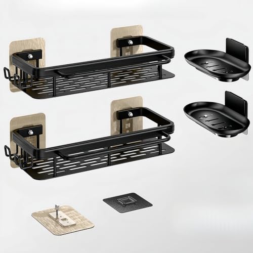 4-Pack Adhesive Shower Caddy with Soap Holder – Rustproof Aluminum Black Shower Shelves & Towel Bar, No Drill Bathroom Organizers and Storage, Anti-Tip Shower Rack for Inside Shower - size: 4-Pack