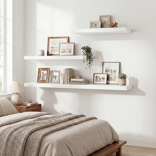 36 Inch Black Floating Shelves for Wall,9.3" Deep Long Floating Shelf Set of 2,Wood Wall Mounted Shelves Farmhouse Home Decor,Wall Storage Shelf for Bathroom Bedroom Living Room Kitchen Office,White - color: White, size: 36 Inch,Set of 2