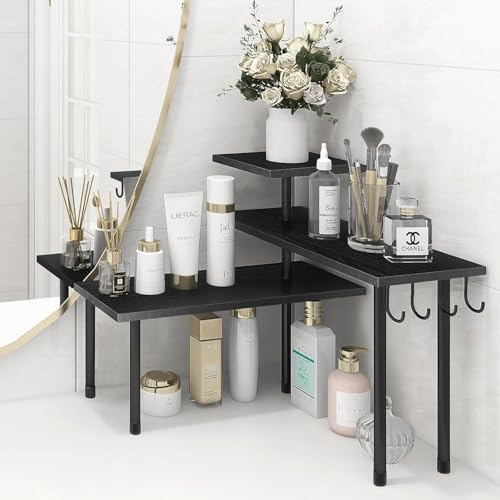 Homode Bathroom Counter Organizer Corner Shelf, Kitchen Countertop Organizer, 3 Tier Wood Counter Shelf Stand for Over The Sink, Coffee Station, Desktop, Black - color: Black, With Hooks