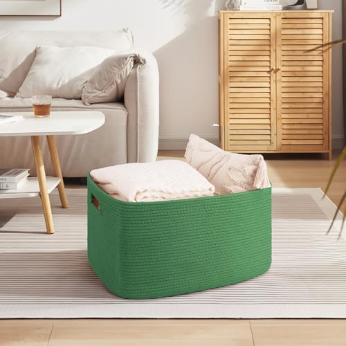 OIAHOMY 75L Large Blanket Basket, Woven Cotton Rope Baskets for Organizing 22”x17”x12”, Blanket Basket living Room, Toy Storage Bins for Nursery, Green - color: Green, size: 22”x17”x12”