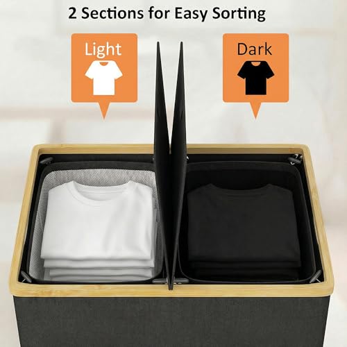 efluky Laundry Hamper with Lid, Double Laundry Hamper with 2 Removable Bags, 2 Section Laundry Basket with Bamboo Handles for Bathroom, Bedroom & Laundry Room, 140L (36.9 Gallon) Black - color: Black, size: 140L Dual