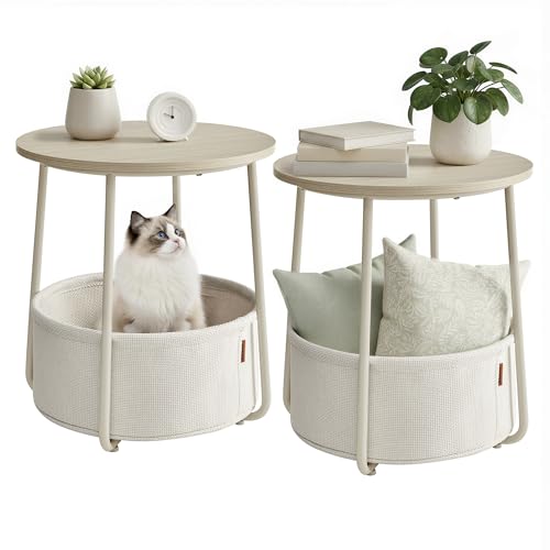 VASAGLE LILEA Collection - Small Round Side End Table, Modern Nightstand with Fabric Basket, for Living Room, Bedroom, Set of 2, Cream White ULET225LL01S - color: Cream White, size: Round + 2 pack
