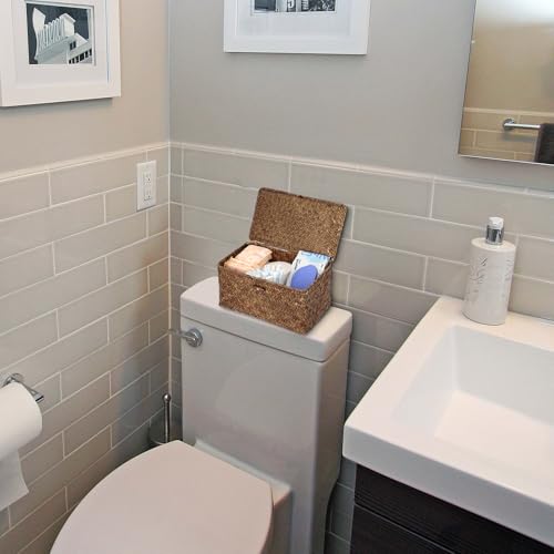 Sumnacon Wicker Basket with Lid Rectangle Woven Baskets for Toiletries Tampon Storage,Wicker Storage Basket with Lid,Decorative Seagrass Storage Baskets for Shelf Bathroom Toilet Table, Coffee - color: Coffee, size: Medium