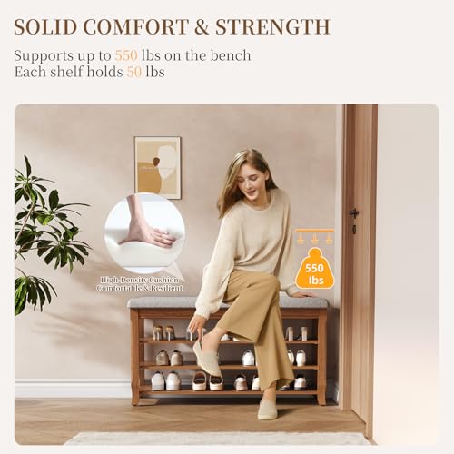 Solid Wood Shoe Bench with Storage, Flip-Top Soft-Close Lid, Adjustable Shelves, Cushioned Entryway Shoe Rack Organizer, 31.5” - size: 31.5"