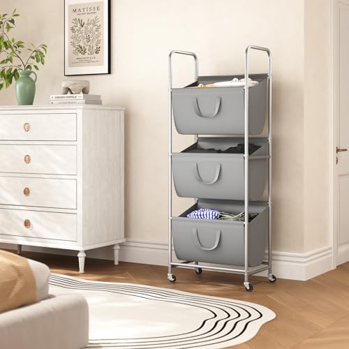 ELYKEN 120L Vertical Rolling Laundry Hamper with Removable Bags, 3 Section Laundry Baskets with Wheels, Space-Saving 3 Tier Laundry Sorter for Small Spaces, Dorm, Bedroom, Bathroom, Laundry Room - color: Gray