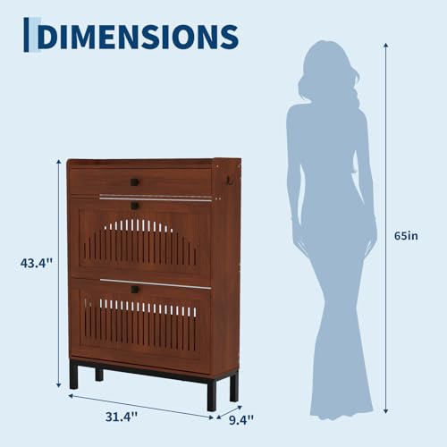 2-Door Flip Front Shoe Cabinet with Adjustable Shelves – Hidden Entryway Storage Organizer for Hallway, Foyer, Living Room – Freestanding Wooden Shoe Rack with Large Capacity & Modern Design, Walnut - color: Walnut, size: 9.45"D x 31.4"W x 43.4"H