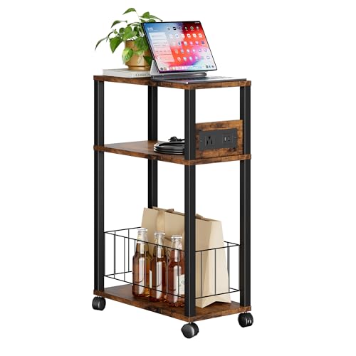 DGSANDGO Narrow Rolling Side Table with Charging Station (Outlets/USB Ports) & Storage Basket - Small Space End Table for Living Room Bedroom Office (Rustic Brown) - color: Rustic Brown, size: Basket Narrow-24.4"H 1 PC