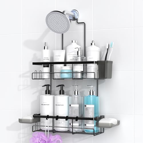 AKTECKE Shower Caddy Hanging Bathroom Organizer: Rustproof Shelf for Inside Shower - No Drilling Racks Over Showerhead - Bath Shelves for Shampoo Soap - color: Black