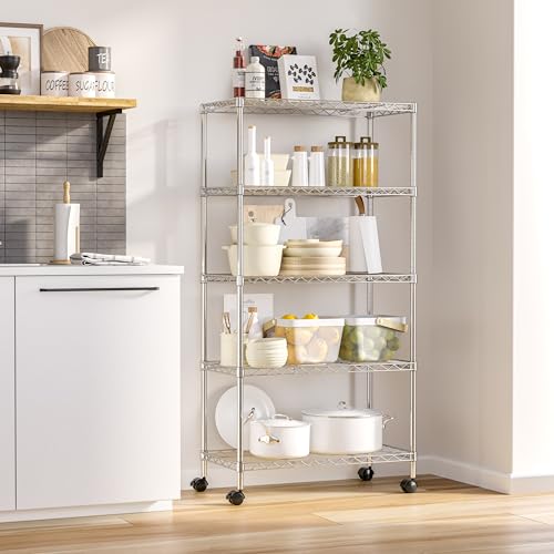 Seville Classics 5-Tier Wire Shelving with Wheels, 5-Tier, 30"" W x 14"" D (NEW MODEL), Chrome Plating, Plated Steel - color: Plated Steel, size: 5-Tier, 30" W x 14" D (NEW MODEL)
