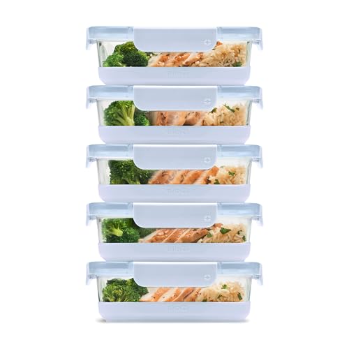 Ello Duraglass 3.4 Cup Meal Prep Sets 10Pc, 5 Pack Set- Glass Food Storage Container with Silicone Boot and Airtight BPA-Free Plastic Lids, Dishwasher, Microwave, and Freezer Safe, Halogen Blue - color: Halogen Blue with Boot, size: 3.4 Cup