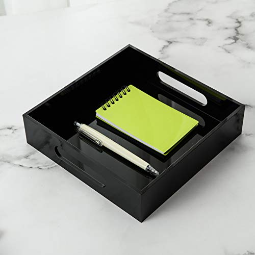 KEVLANG Black Sturdy Acrylic Tray with Handles-8x8 Inch- Countertop Organizer Tray for Kitchen,Bathroom,Office- Storage Box for Cosmetics, Jewelry,Toiletries,Toy,Gadgets - color: Glossy Black, size: 8" x 8" x 2"