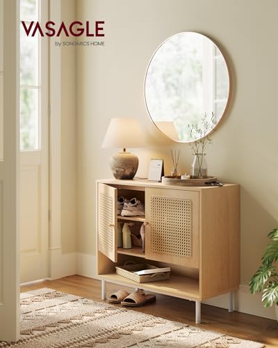 VASAGLE Natural Rattan 3-Tier Shoe Cabinet, 16 Pair Shoe Storage Cabinet, Boho Style Shoe Organizer with Height-Adjustable Shelves and Steel Legs, for Entryway, Closet, Hallway, Oak Beige ULBC049N01 - color: Oak Beige, size: 13.8"D x 31.5"W x 27.6"H-3-Tie