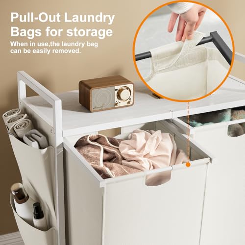 WOWLIVE Double Laundry Hamper with Lid,Rolling Laundry Basket Organizer with Wheels, Iron-Made Laundry Sorter with Top Shelf and 2 Removable Bags,Large Clothes Storage for Room,White - color: White, size: 110L (30.0 x 13 x 32 Inches)