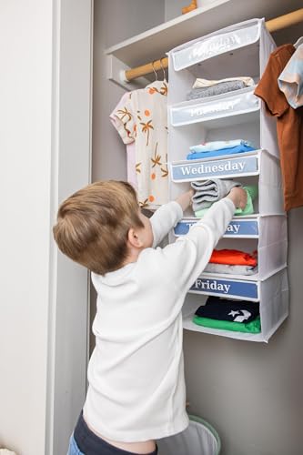 Three Sweet Peas Co Weekly Clothes Organizer for Kids – 5 Shelf Hanging Closet Storage for School Outfits | Monday to Friday Daily Clothing Divider with Color Labels, 33" Durable Polyester