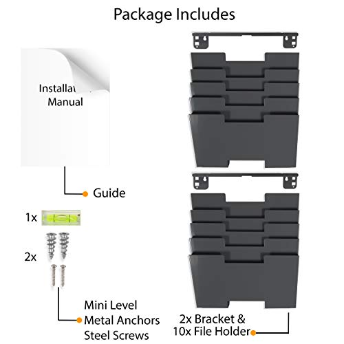 Gray Wall Mount Steel Vertical File Organizer Holder Rack 10 Sectional Modular Design Wider Than Letter Size 13 Inch Multi-Purpose Organize Display Magazines Sort Files and Folders