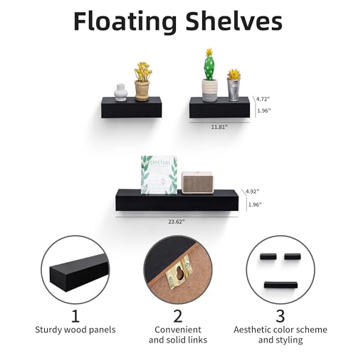 Floating Wall Shelves Set of 3 – MDF Wood Wall Mounted Shelf for Living Room, Bedroom, Bathroom, Office – Decorative Storage Racks for Plants, Photos, Books (Black, Large Set) - color: Black, size: Large Set