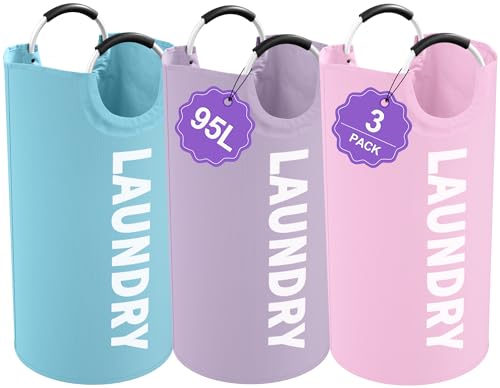 3PCS 95L Laundry Basket, Collapsible Clothes Hamper with Handle, 600D Oxford Cloth Laundry Bin, Stand-alone Dirty Clothes Hamper for Livingroom, Bedroom, Family, Pink+Blue+Purple - color: Pink+Blue+Purple, size: L-95L