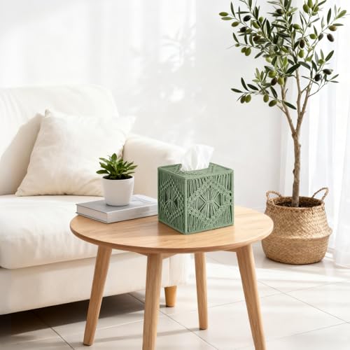 Mkono Tissue Box Cover Macrame Square Open-Bottom Tissue Box Holder Boho Decor Tissue Organizer Bohemian Handmade Woven Tissue Cube Box for Bathroom Bedroom Dresser Living Room Office Dorm, Green - color: Green
