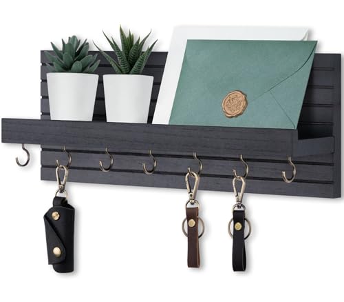 Lwenki Decorative Key Holder for Wall with Shelf, Entryway Shelf with Hooks Holds Leashes, Jackets and Glasses – Sturdy Wood Keyholder Entrance Hanger with Mounting Hardware (Black, Large) - color: Black, size: Large