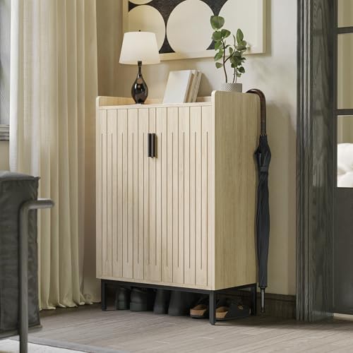 Mericonia Shoe Cabinet with Metal Legs, Farmhouse Large 5-Tier Shoe Storage Cabinet with Doors, Wooden Shoe Organizer for Entryway, Hallway (2 Door Shoe Cabinet, Oak-Modern) - color: A-oak