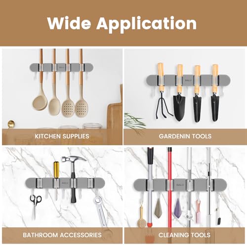 2Pcs Broom Holder Wall Mount, No-Drilling Self-Adhesive Mop and Broom Storage Rack with Hooks (4 Racks with 5 Hooks), Wall-Mounted Broom Hanger for Bathroom, Kitchen, Closet, Garage (Grey) - color: Grey
