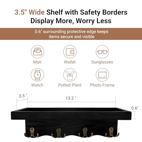 Key Holder for Wall with Shelf, Decorative Wave Design Mail Organizer Wall Mounted with 4 Double Hooks for Keys, Coats, Dog Leash, Wooden Key Rack for Entryway, Hallway, Home Decor (Black)