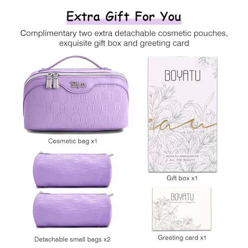 BOYATU Travel Makeup Bag for Women: Cosmetic Organizer Bag with Compartments - Leather Make up Bags Set of 3 (G-1-Purple) - color: G-1-Purple