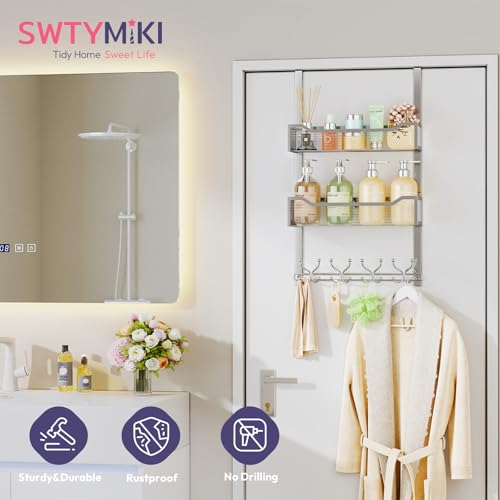 SWTYMIKI Over The Door Hook with 16 Hooks & 2 Mesh Baskets - Heavy Duty Over The Door Organizer Hanger for Towels, Coats, Clothes - Space Saving Hanging Rack for Bathroom, Living Room, Silver - color: Silver