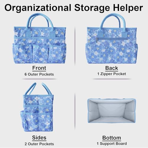 Cupohus Craft Organizer Tote Bag – Art Organizer, Craft Caddy with Multiple Pockets, Large Capacity Supply Storage Bag for Sewing, Knitting, Painting, and Travel（Blue Print） - color: Blue Flower