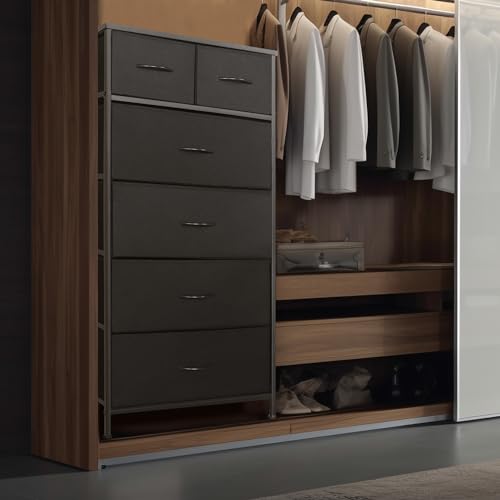 Mifuro Tall Dresser for Bedroom, Vertical Storage Organizer Tower with 6 Drawers, Chest of Drawers with Fabric Bins, Steel Frame, Wood Top for Bedroom, Closet, Entryway- Black - color: Black, size: 6 Drawers