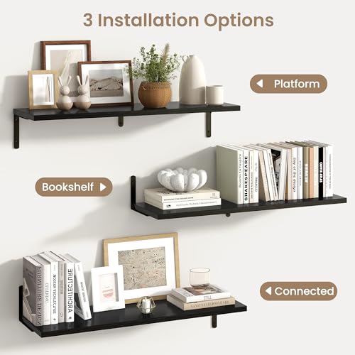 Fun Memories Deep Floating Shelves, 32W x 8D Floating Shelves Set of 2, Wall Mounted Shelf with Metal Brackets, Rustic Wood Wall Shelf for Bathroom, Kitchen and Living Room, Black - color: Black- L Bracket, size: 31.5"W x 8"D