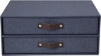 Bigso Birger 2-Drawer Canvas Fiberboard Easy Pull Handle Document Letter Box | Desktop Drawers for Loose Papers and Documents | Desktop Storage Drawers with Leather Handles | 13.1” x 10” x 5.7” | Blue - color: Blue
