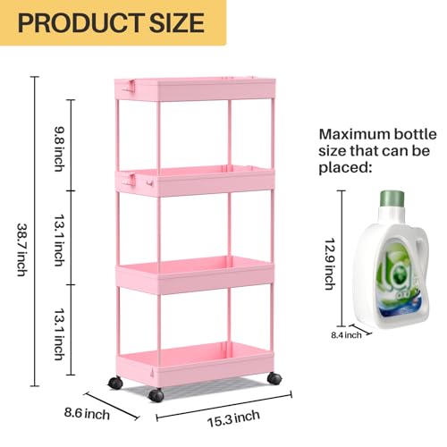 SPACEKEEPER Storage Cart 4-Tier, Bathroom Rolling Cart Utility Storage Organizer Shelf Mobile Shelving Unit for Kitchen Living Room Bathroom Laundry Room & Dressers, Pink - color: Pink, size: 4 Tier