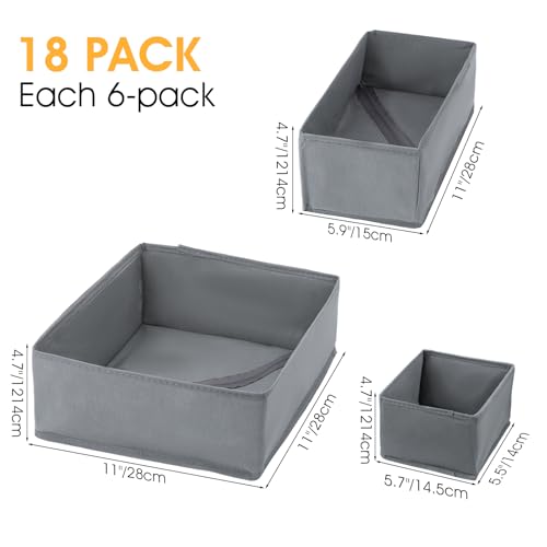 18 Pack Dresser Organizer Bins for Clothes Drawer Organizer Clothes, Underwear Bra Sock Organizers Fabric Closet Organization and Storage Dividers for Nursery Bedroom Dorm Grey