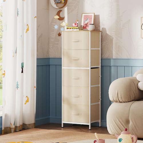 WLIVE Fabric Dresser, 5-Drawer Tall Dressers for Bedroom, Storage Dresser Organizer with Fabric Bins, Wood Top, Sturdy Steel Frame, Chest of Drawers for Closet, Hallway, Cream White - color: Cream White