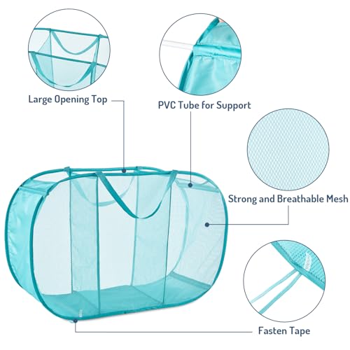 Seiritex Mesh Popup Laundry Hamper 3 Compartment Sortable Horizontal Collapsible Laundry Basket for Clothes Laundry Room Bedroom Toys Travel (Turquoise Blue) - color: Turquoise 3-compartment