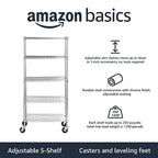 Amazon Basics 5-Shelf Adjustable, Heavy Duty Storage Shelving Unit on 4" Wheel Casters, Easy to Move Portable Wire Shelving, No Tools Needed for Easy Assembly, 30" x 14" x 64.8", Chrome - color: Chrome