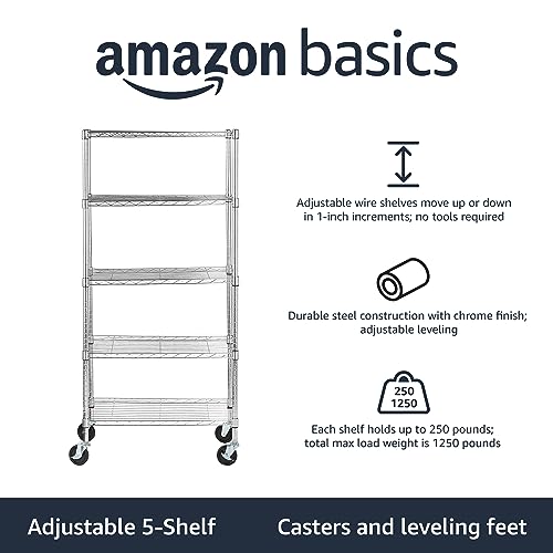 Amazon Basics 5-Shelf Adjustable, Heavy Duty Storage Shelving Unit on 4" Wheel Casters, Easy to Move Portable Wire Shelving, No Tools Needed for Easy Assembly, 30" x 14" x 64.8", Chrome - color: Chrome
